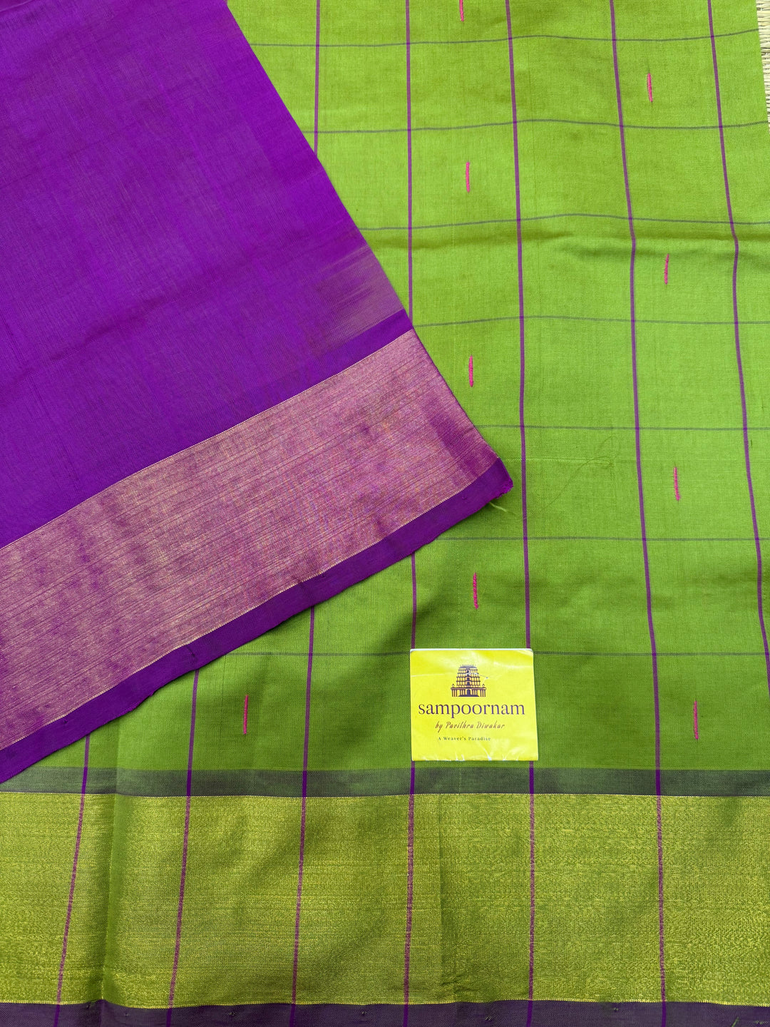 Elaichi Green with Purple , checks in the body and rain drop thread butta in the body and Pallu Semi Silk Cotton Saree