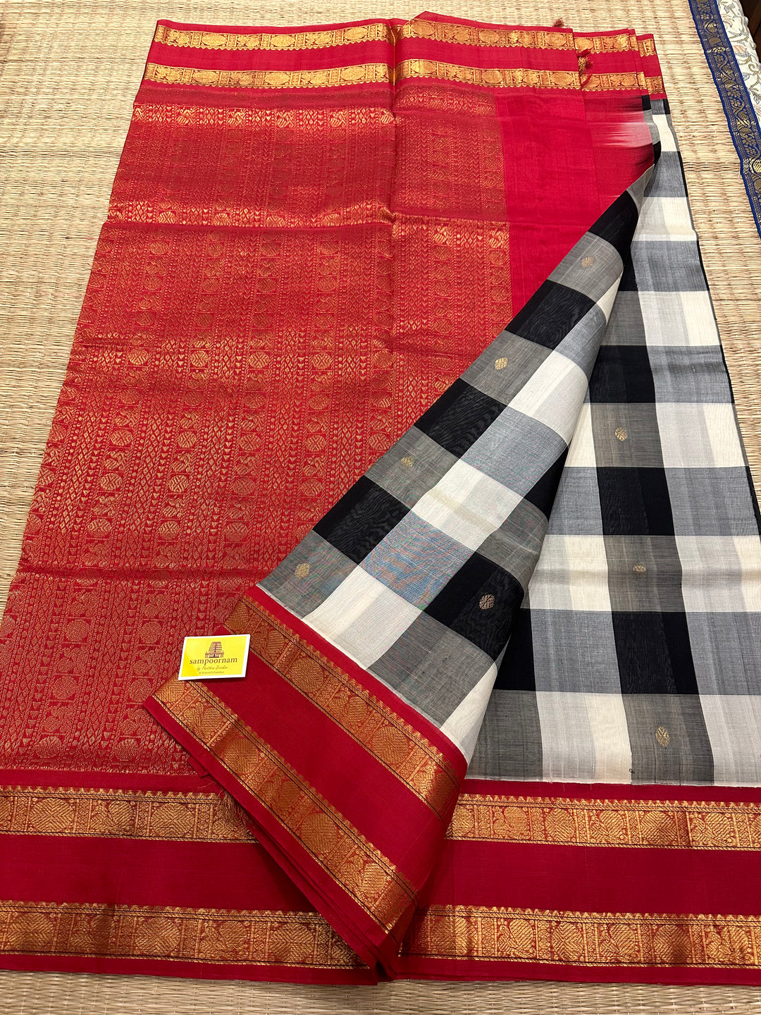 Black And White Big Checks with Butta, Rettapet Border and Rich Red Pallu Korvai Silk Cotton Saree