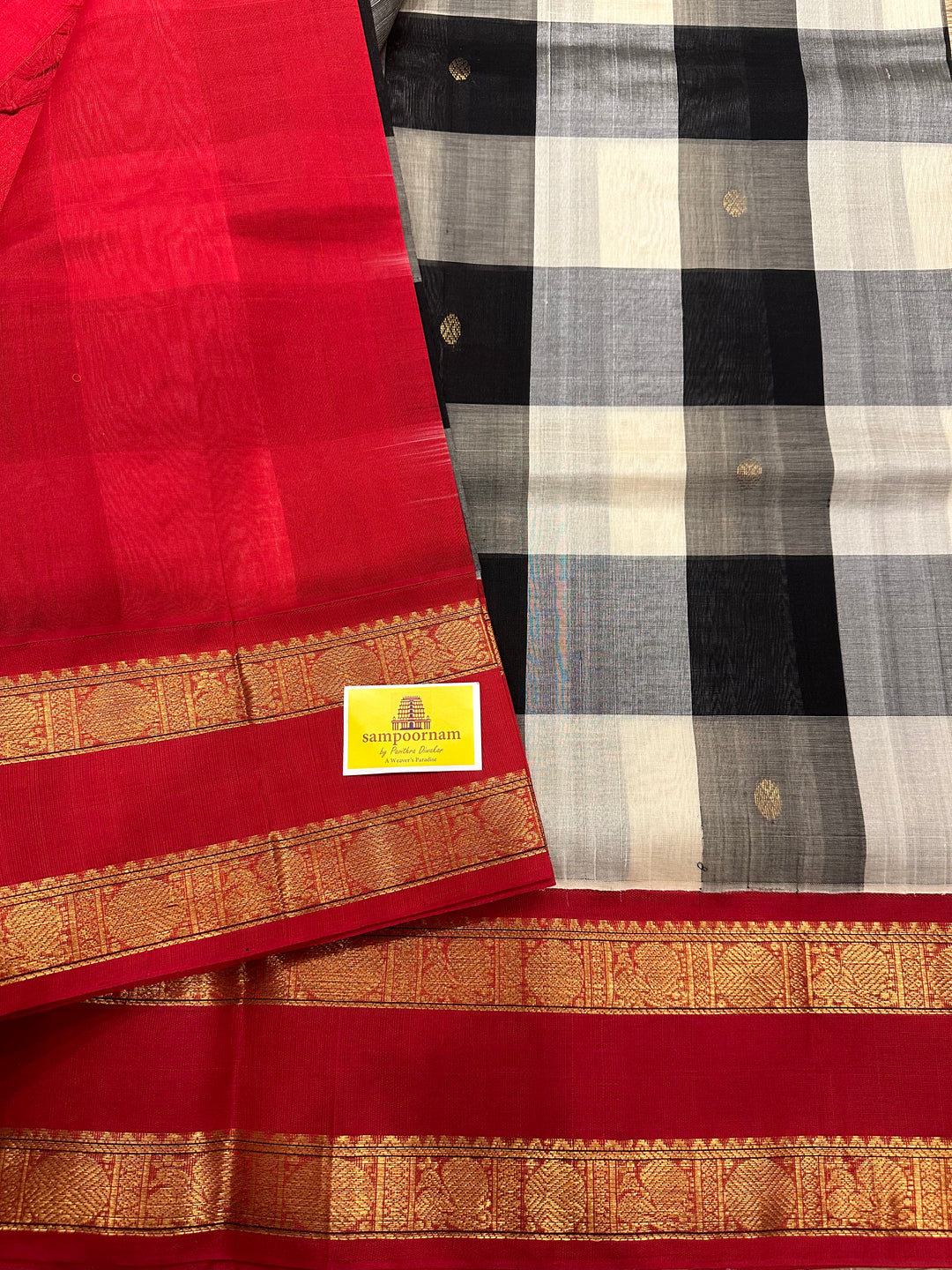 Black And White Big Checks with Butta, Rettapet Border and Rich Red Pallu Korvai Silk Cotton Saree