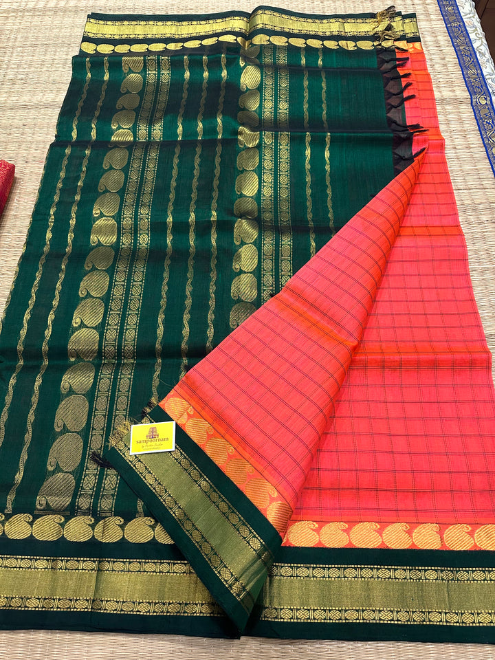 Dark Double Shaded Pink with Dark Green Body Checks Rich Pallu Korvai Silk Cotton Saree