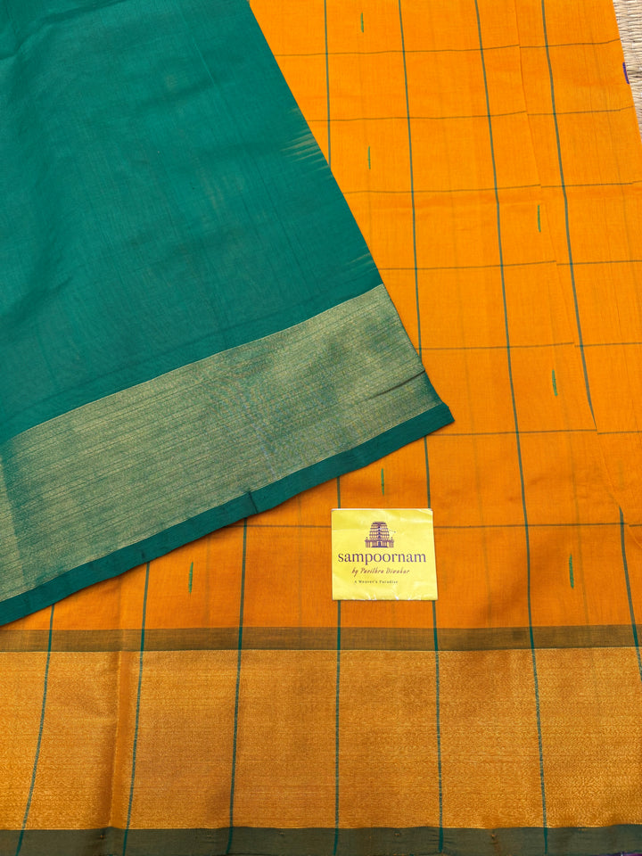 Orange with Green , checks in the body and rain drop thread butta in the body and Pallu Semi Silk Cotton Saree