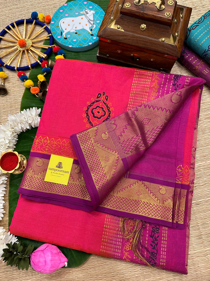 Pink with Puple Vairaoosi Handblock Printed Silk Cotton Saree