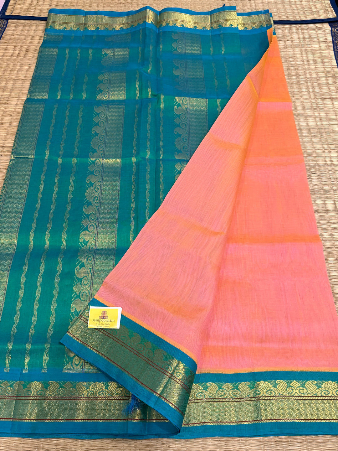 Peachish Pink with Turquoise Blue, Traditional Borders and Rich Pallu Korvai Silk Cotton Saree