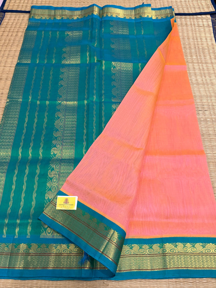 Peachish Pink with Turquoise Blue, Traditional Borders and Rich Pallu Korvai Silk Cotton Saree