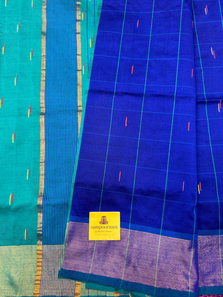 Blue with Green , checks in the body and rain drop thread butta in the body and Pallu Semi Silk Cotton Saree