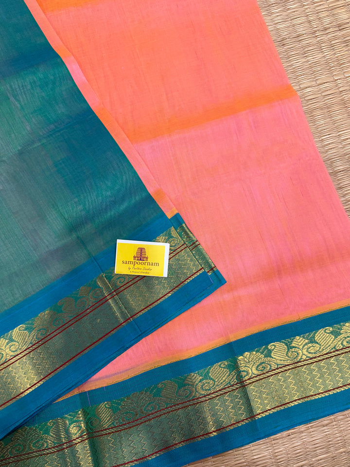 Peachish Pink with Turquoise Blue, Traditional Borders and Rich Pallu Korvai Silk Cotton Saree