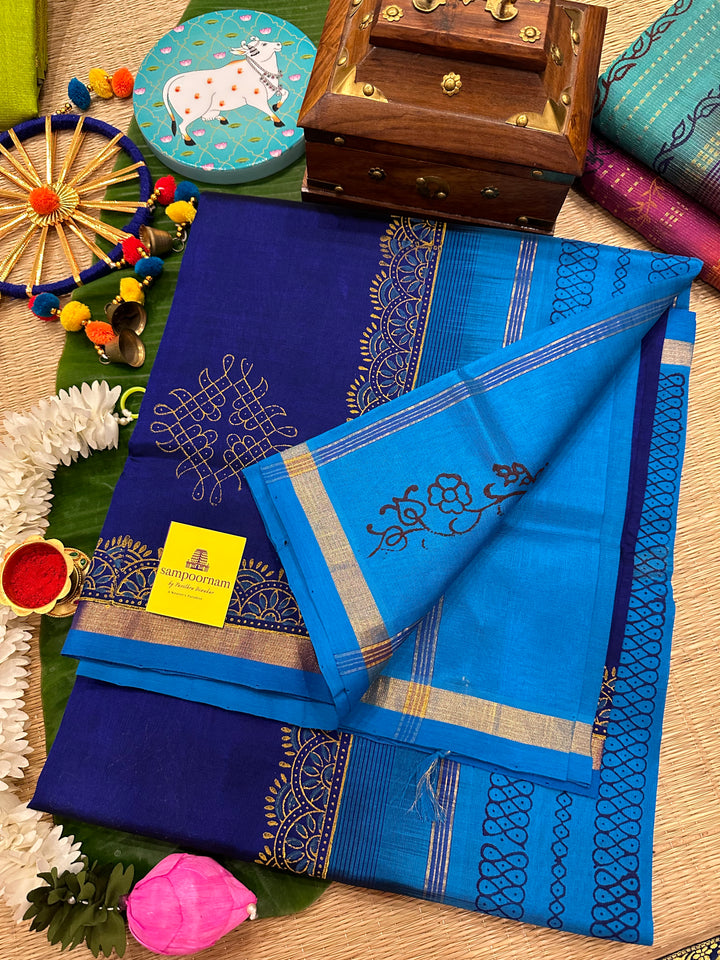 Dark Blue with Light Blue Kolam Handblock Printed Silk Cotton Saree