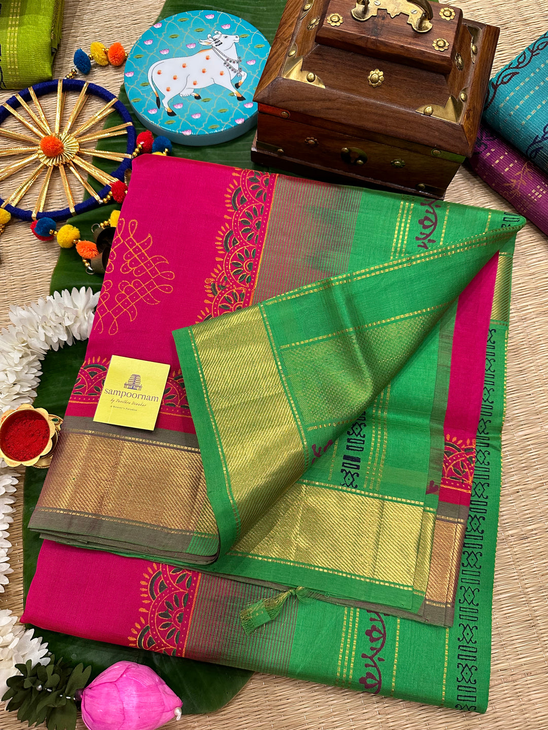 Reddish Pink With Green Kolam Handblock Printed Silk Cotton Saree