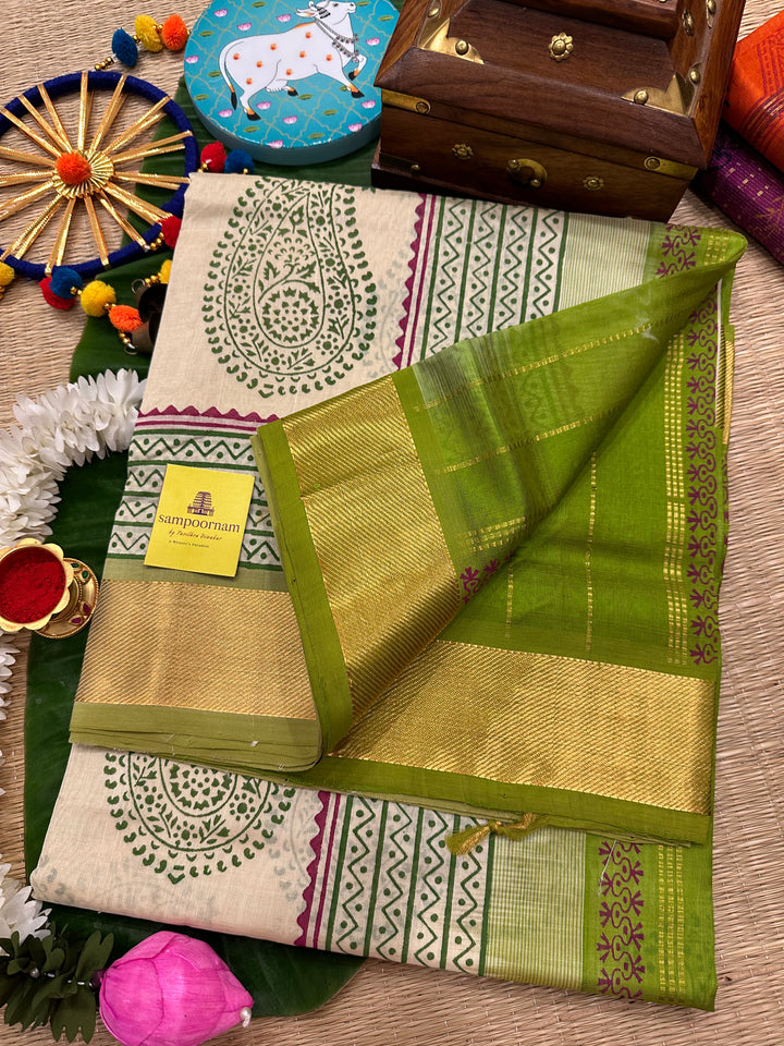 Offwhite with Green Handblock Printed Silk Cotton Saree