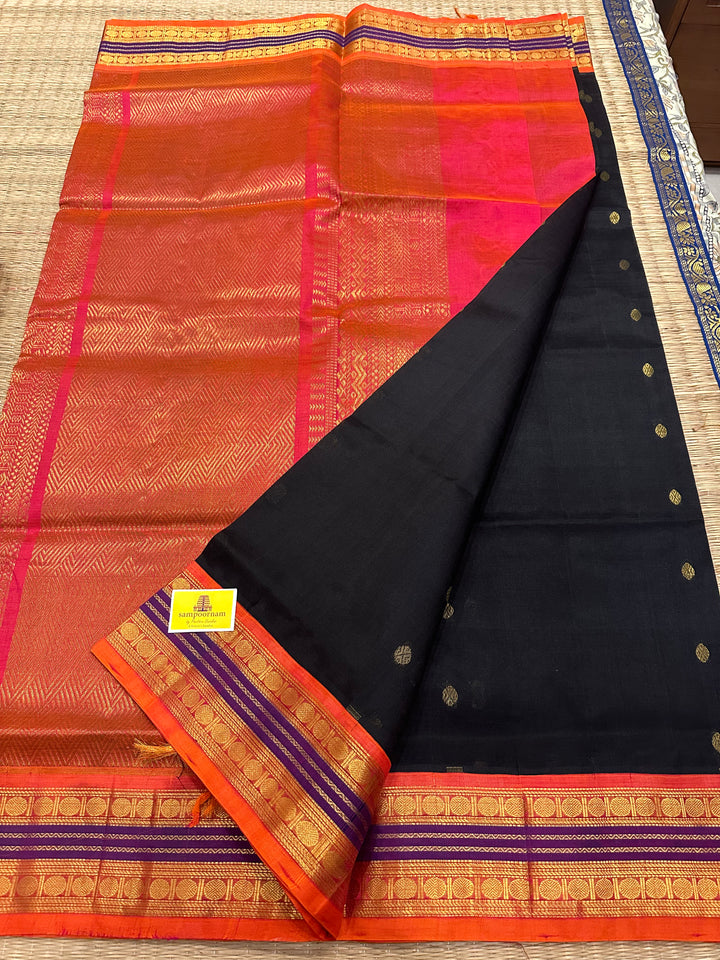 Black with Pinkish Orange Body Butta , Rich Pallu Korvai Silk Cotton Saree