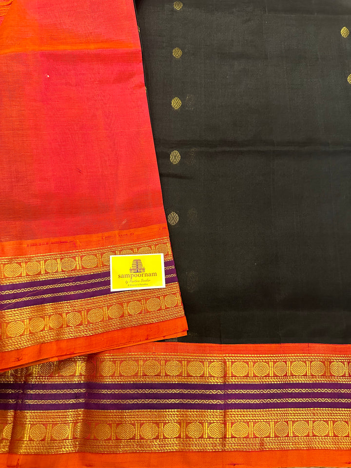 Black with Pinkish Orange Body Butta , Rich Pallu Korvai Silk Cotton Saree