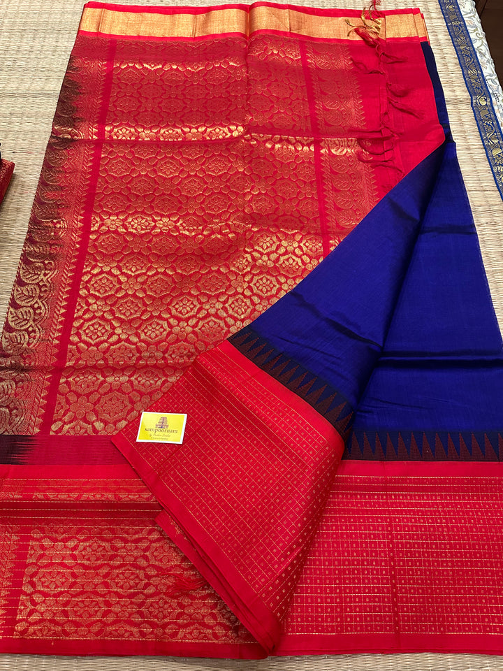 Dark Blue with Red One Side Big Border Lakshadeepam , Rich Pallu Korvai Silk Cotton Saree