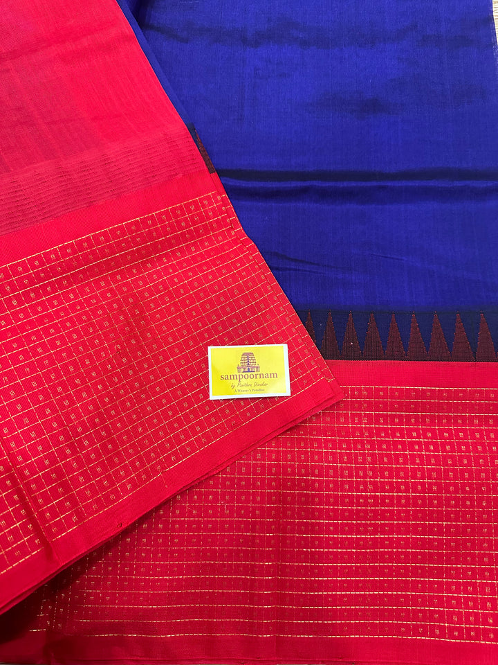 Dark Blue with Red One Side Big Border Lakshadeepam , Rich Pallu Korvai Silk Cotton Saree