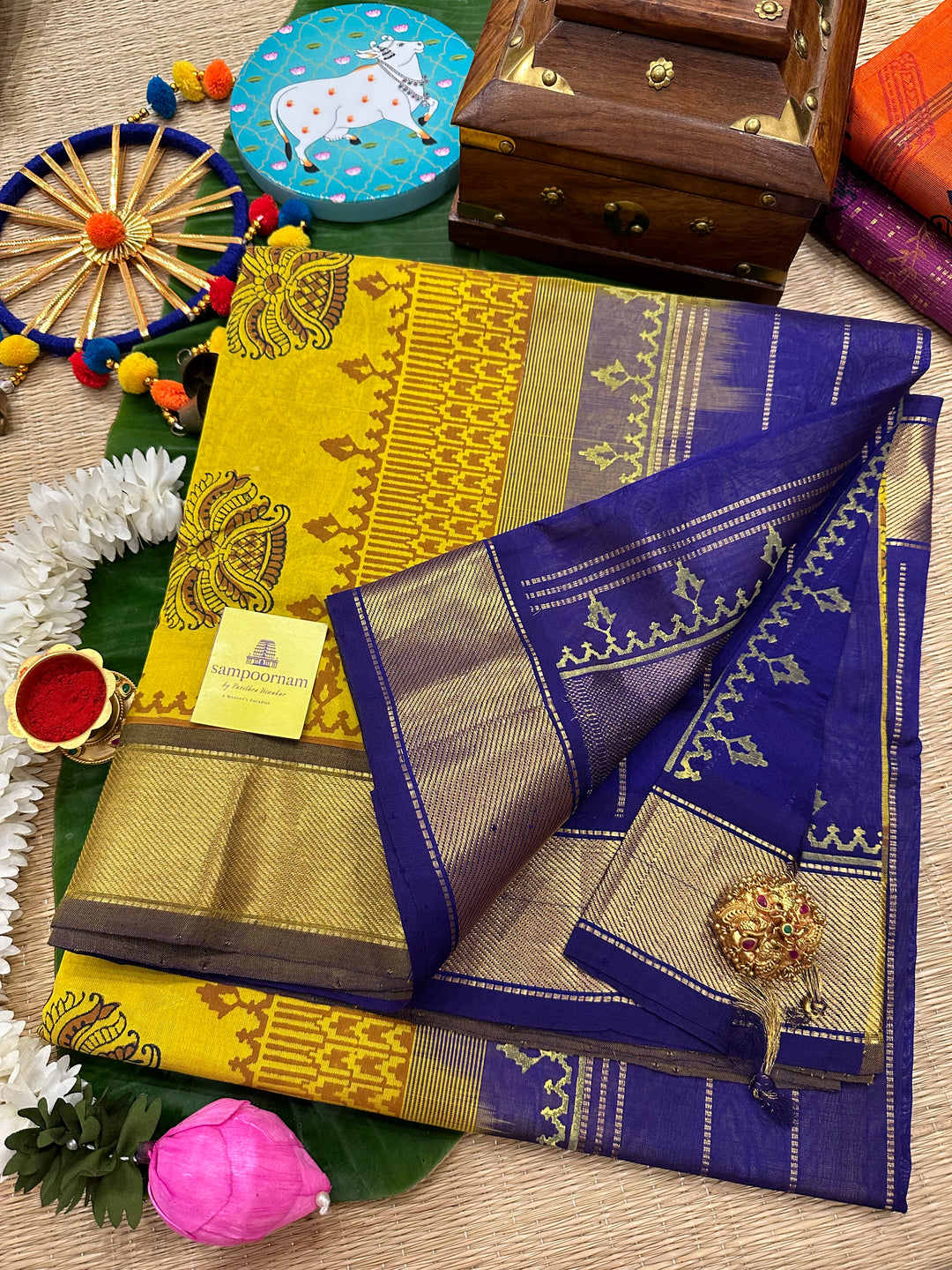 Yellow with Blue Handblock Printed Silk Cotton Saree