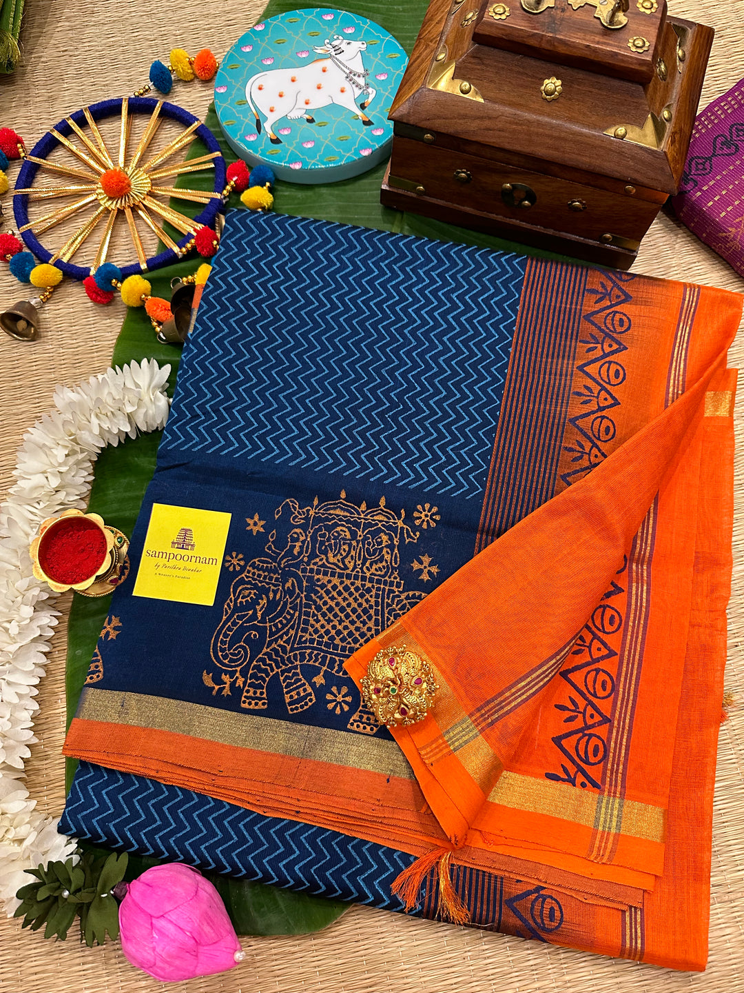 Blue with Orange Handblock Printed Silk Cotton Saree