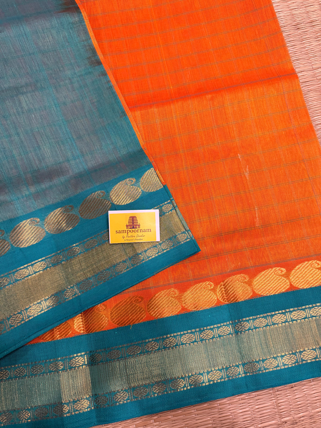 Pastel Fanta Orange with Turquoise Blue, Body Checks, Traditional Border and Rich pallu, Korvai Silk Cotton Saree