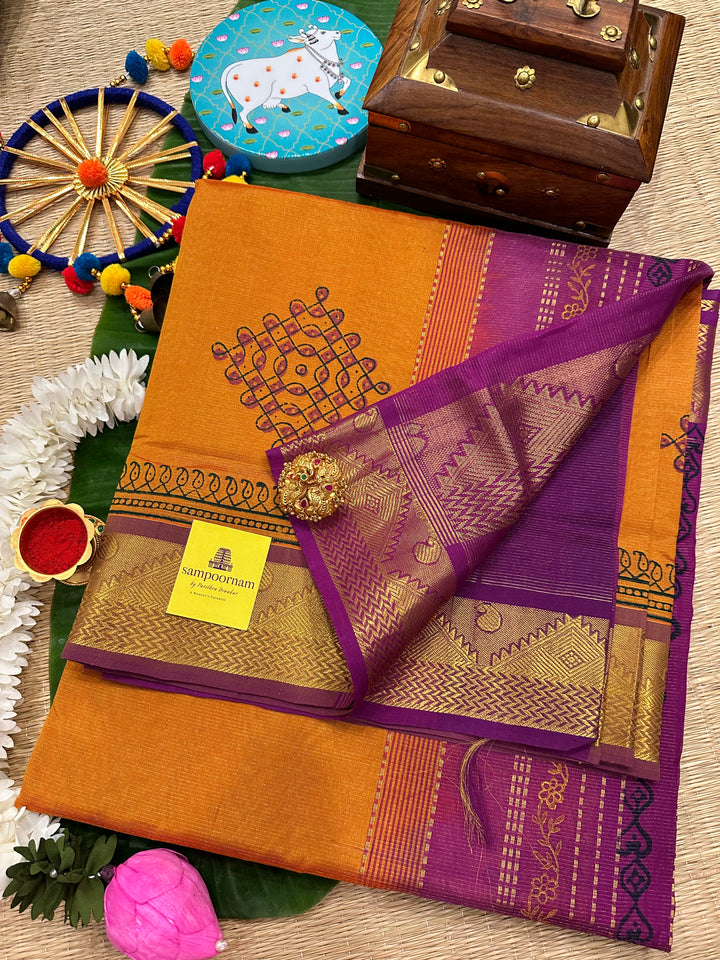 Orange With Purple Vairaoosi Kolam Handblock Printed Silk Cotton Saree