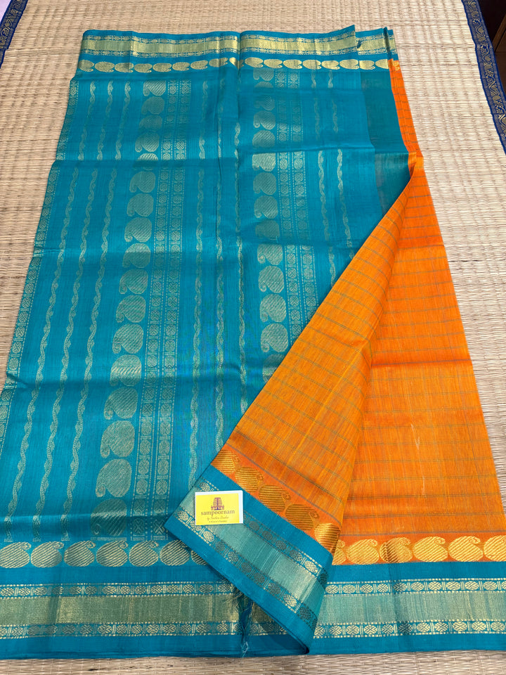 Pastel Fanta Orange with Turquoise Blue, Body Checks, Traditional Border and Rich pallu, Korvai Silk Cotton Saree