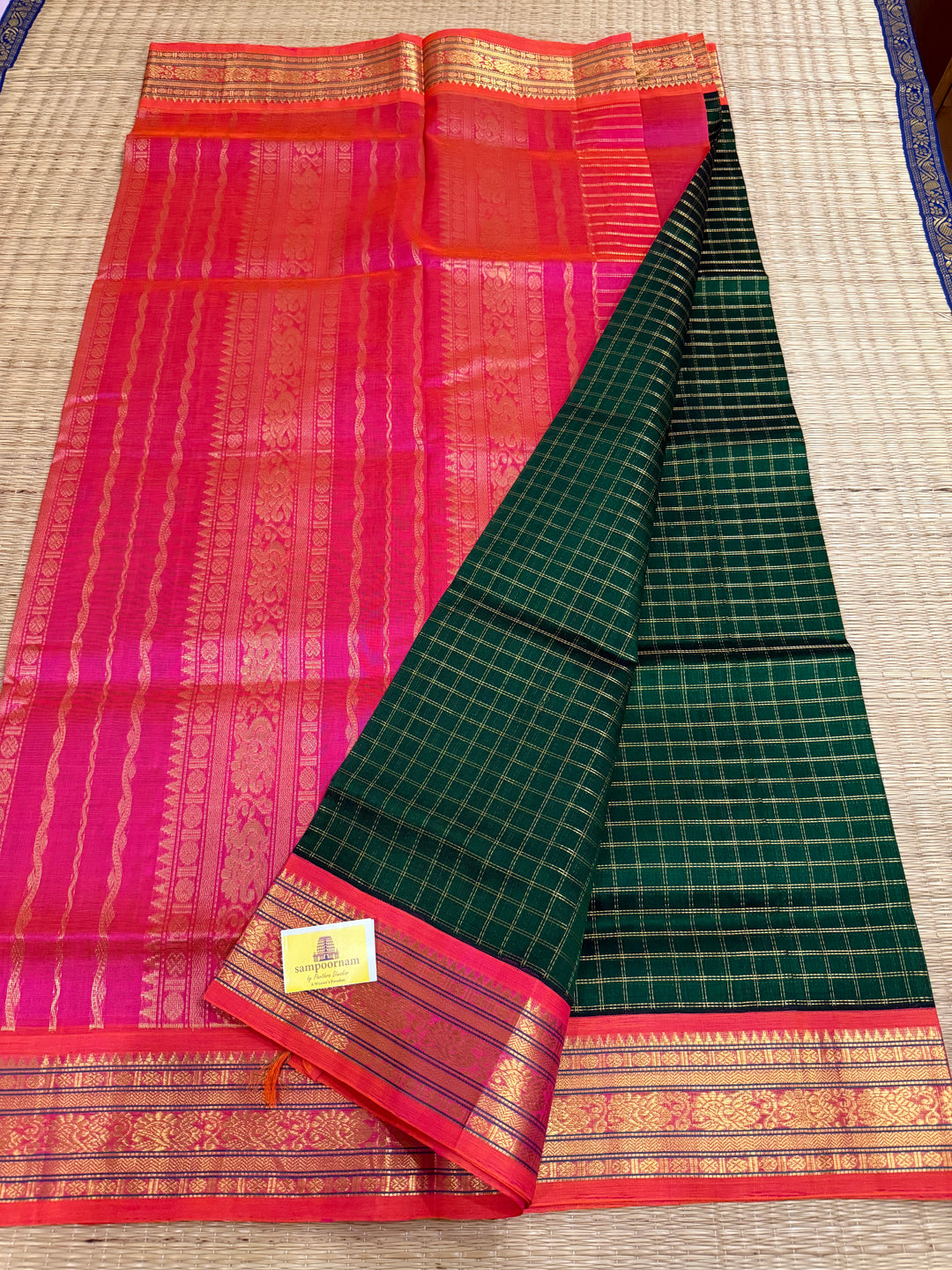 Dark Green with Pink Rich Body Checks, Traditional Border and Rich Pallu Korvai Silk Cotton Saree