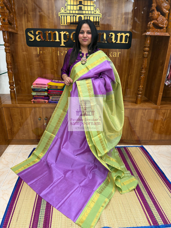 Lavender with Pastel Green , rettapet Mango border and rich Pallu Korvai Silk Cotton Saree