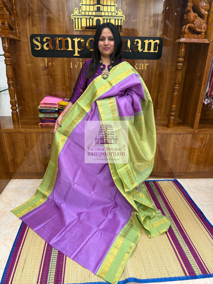 Lavender with Pastel Green , rettapet Mango border and rich Pallu Korvai Silk Cotton Saree