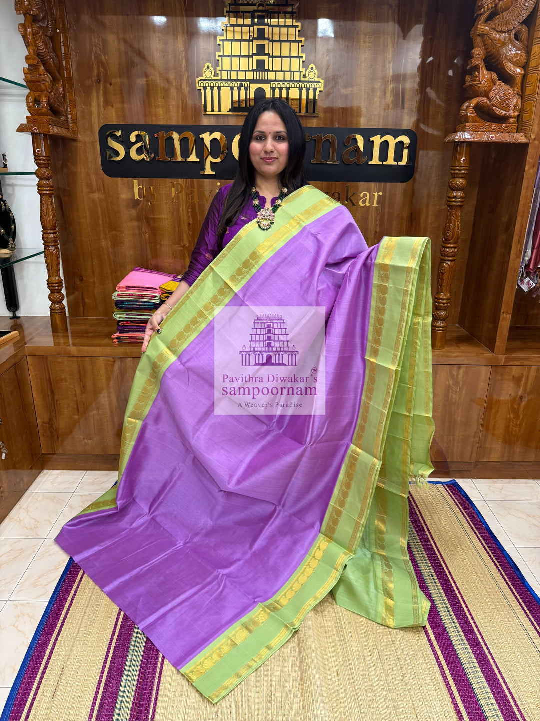 Lavender with Pastel Green , rettapet Mango border and rich Pallu Korvai Silk Cotton Saree