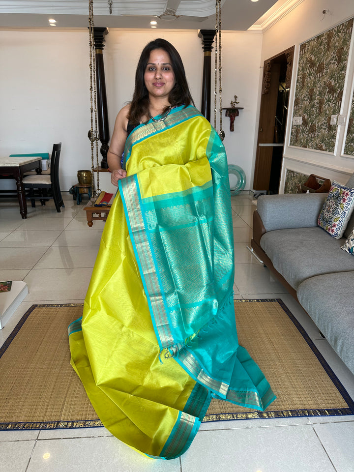 Lemon Yellow with Turquoise Blue Korvai Silk Cotton Saree