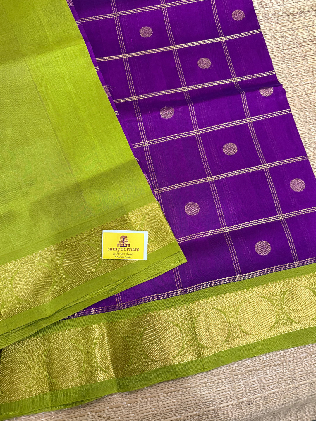 Brinjal Purple with Green , Body Zari Checks with Rich Butta, Traditional Borders and Rich Pallu Korvai Silk Cotton Saree