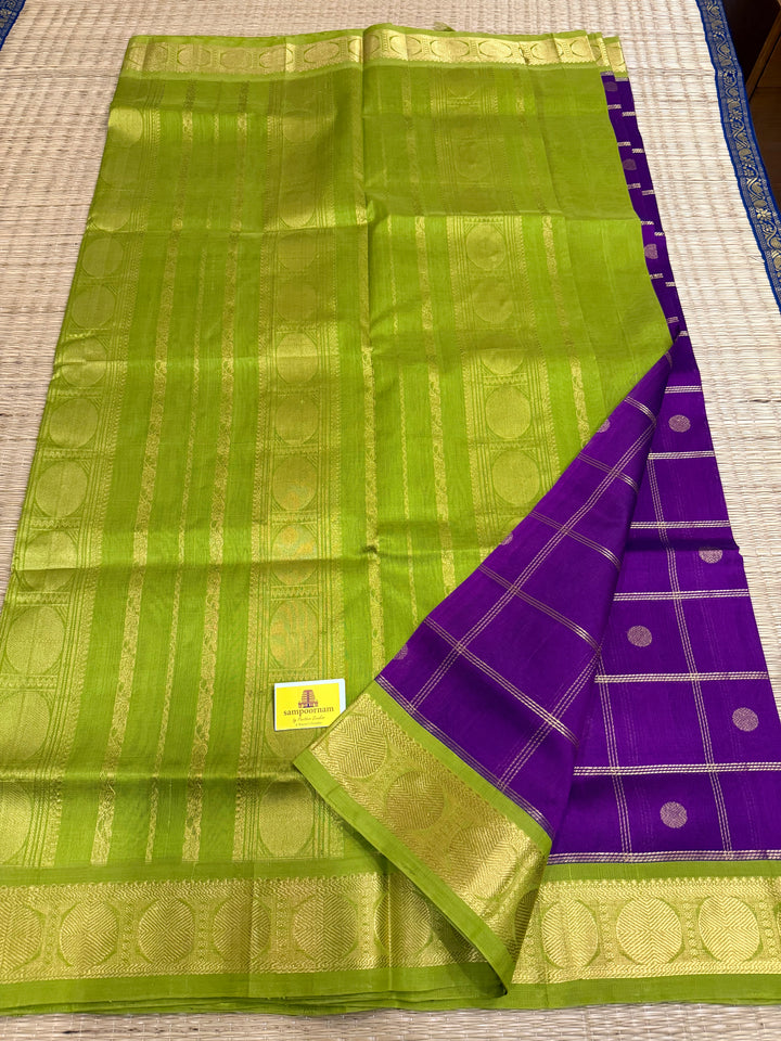 Brinjal Purple with Green , Body Zari Checks with Rich Butta, Traditional Borders and Rich Pallu Korvai Silk Cotton Saree