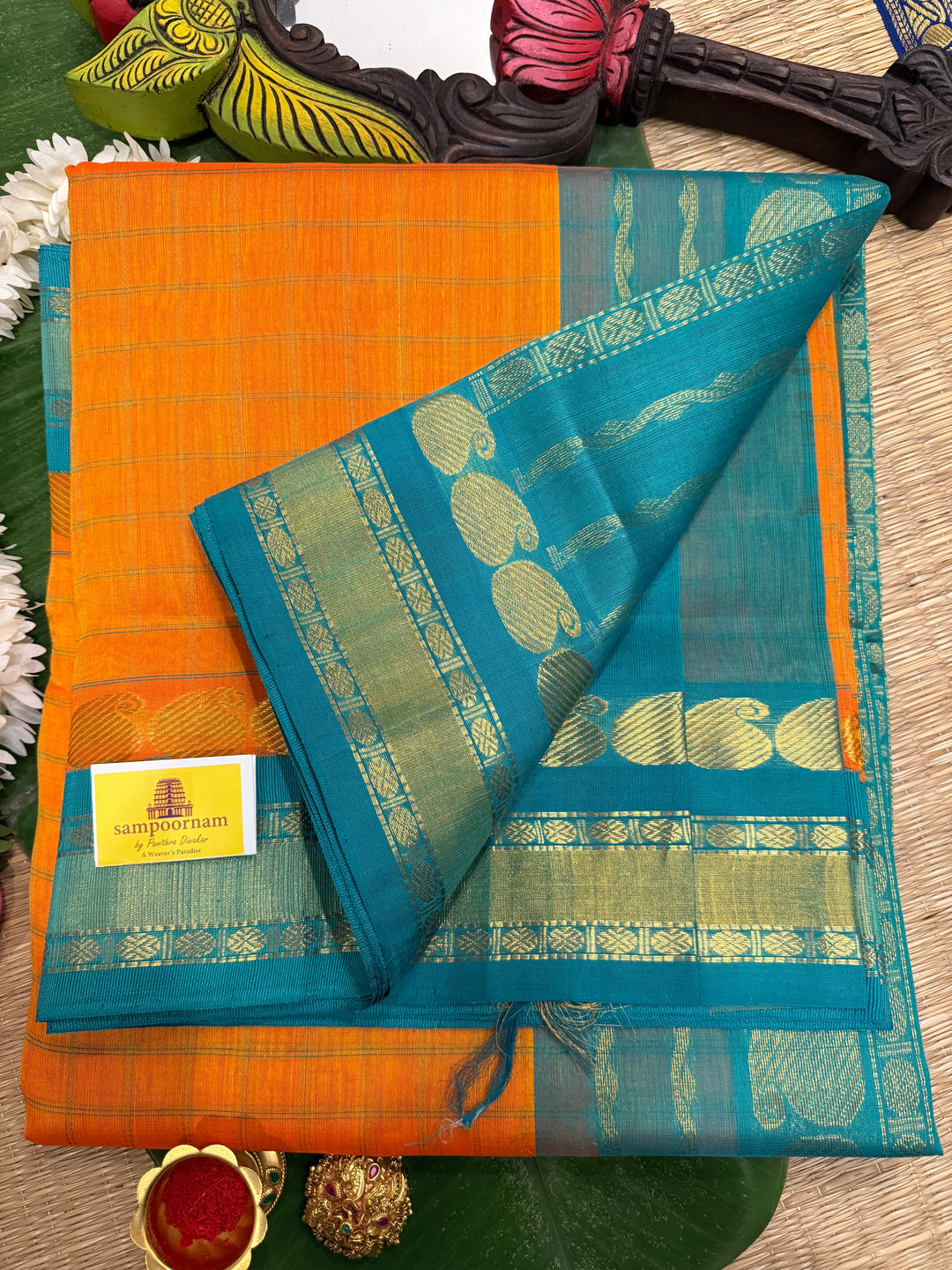Pastel Fanta Orange with Turquoise Blue, Body Checks, Traditional Border and Rich pallu, Korvai Silk Cotton Saree