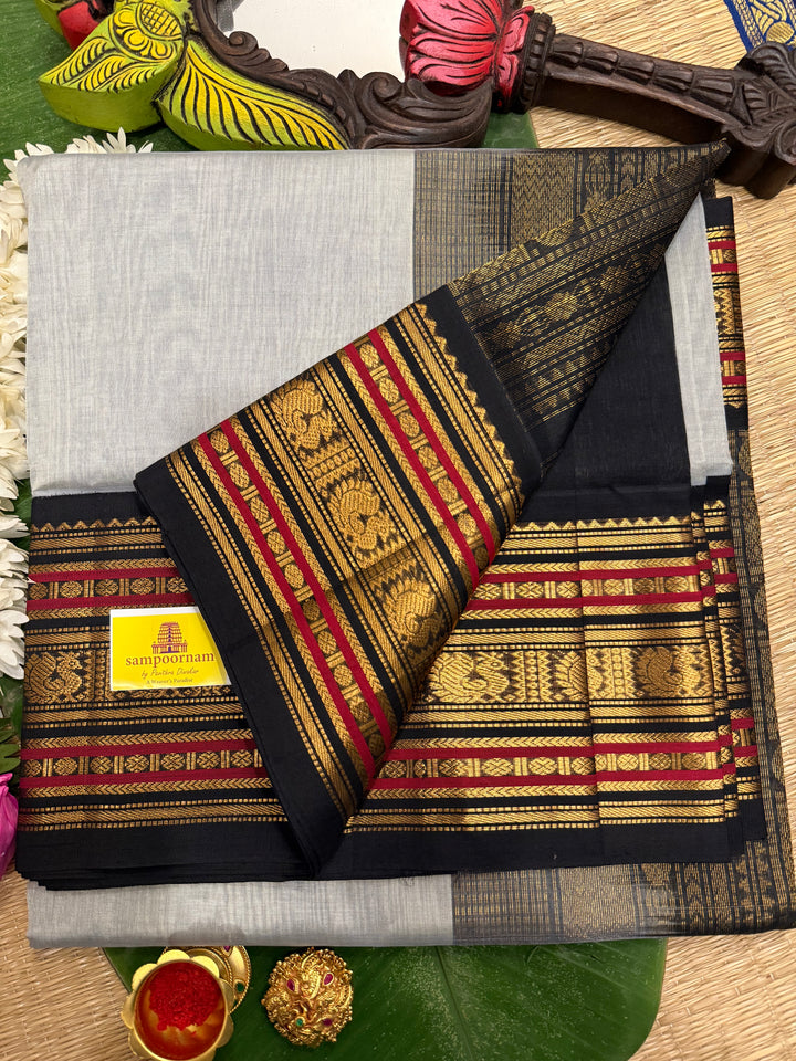 A classic Grey with Black, Rich Big Traditional Borders and Grand Pallu Korvai Silk Cotton Saree