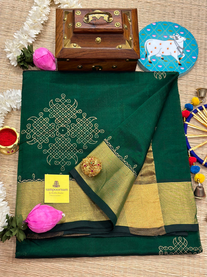 Dark green With Rich Gold Border and Pallu Handblock Kolam Printed Saree