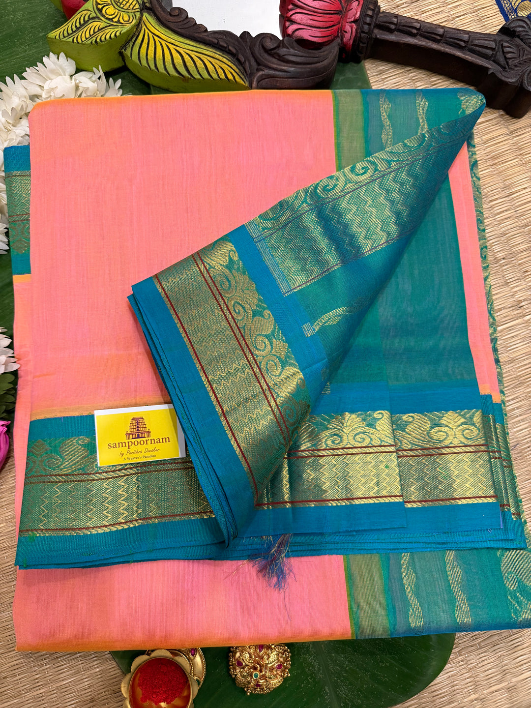 Peachish Pink with Turquoise Blue, Traditional Borders and Rich Pallu Korvai Silk Cotton Saree