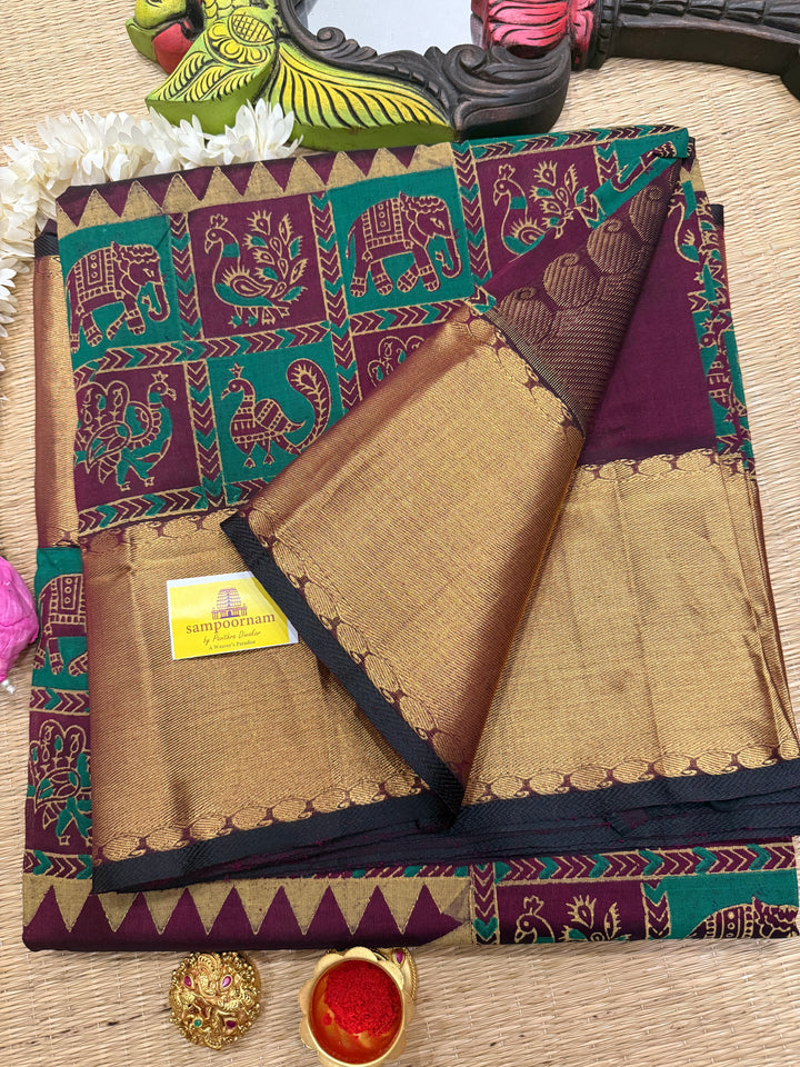 Dark Maroon with Rich Tissue Border and Pallu, Annam and Elephant Handblock Prints in the Border, Silk Cotton Saree