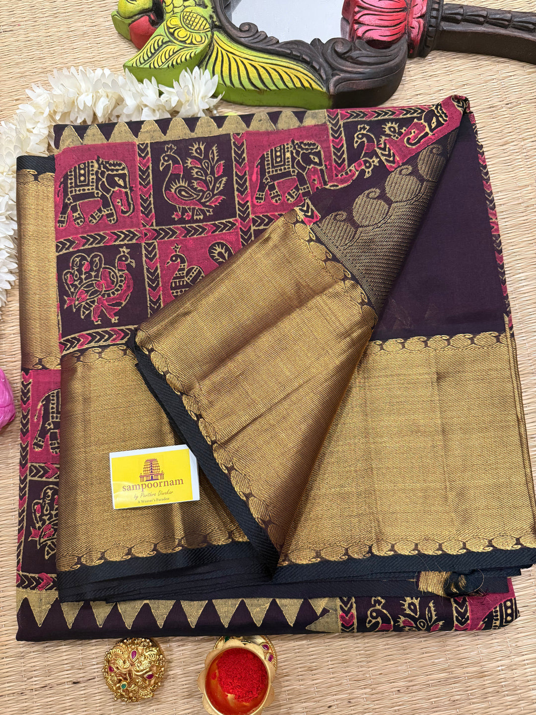 Brown with Tissue Border and Pallu with Annam and Elephant Handblock Print in the Borders Silk Cotton Saree