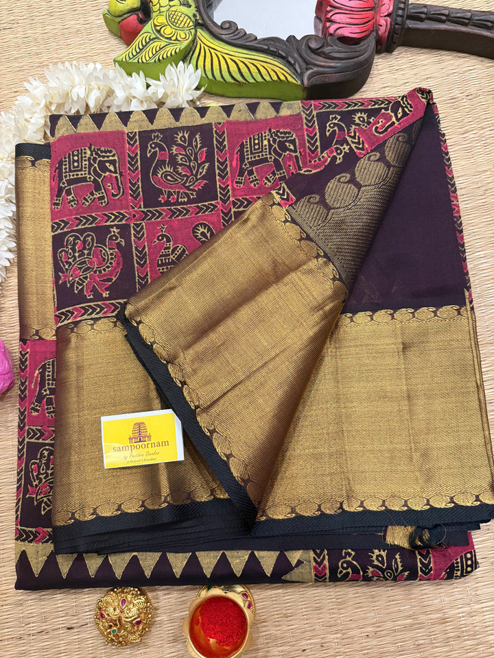 Brown with Tissue Border and Pallu with Annam and Elephant Handblock Print in the Borders Silk Cotton Saree