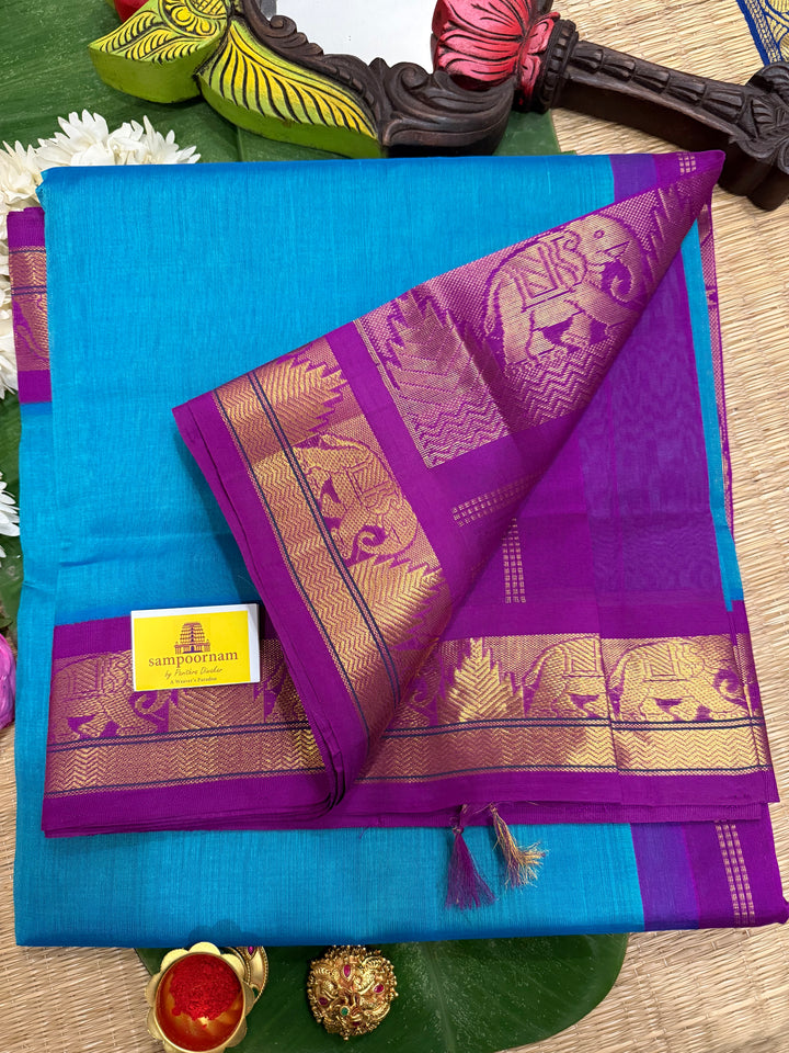 Ramar Blue with Purple Traditional Borders and Rich Pallu Korvai Silk Cotton Saree
