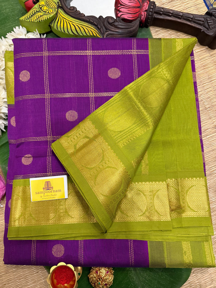 Brinjal Purple with Green , Body Zari Checks with Rich Butta, Traditional Borders and Rich Pallu Korvai Silk Cotton Saree