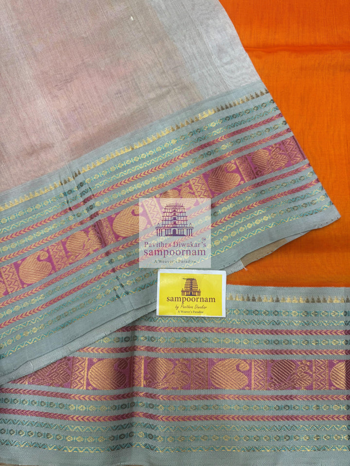 Orange with Grey ,traditional big kanchi border with rich Pallu Korvai Silk Cotton Saree