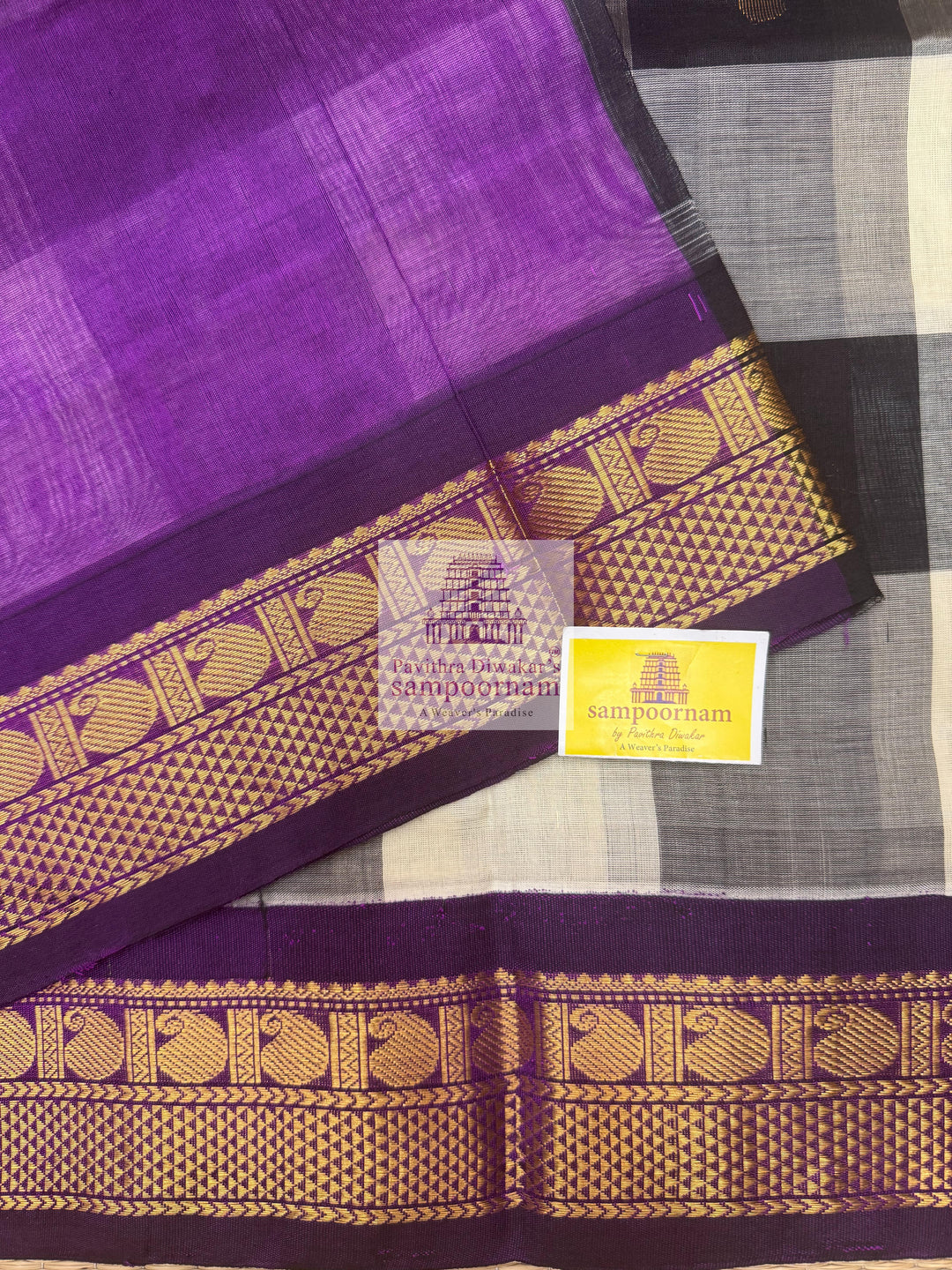 Black and White with Purple , Paalum Pazham Kattam checks with rich butta , traditional borders and rich Pallu Korvai Silk Cotton Saree