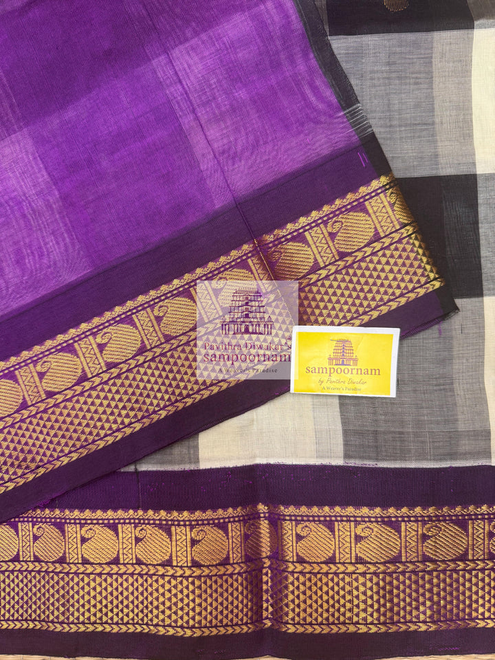Black and White with Purple , Paalum Pazham Kattam checks with rich butta , traditional borders and rich Pallu Korvai Silk Cotton Saree
