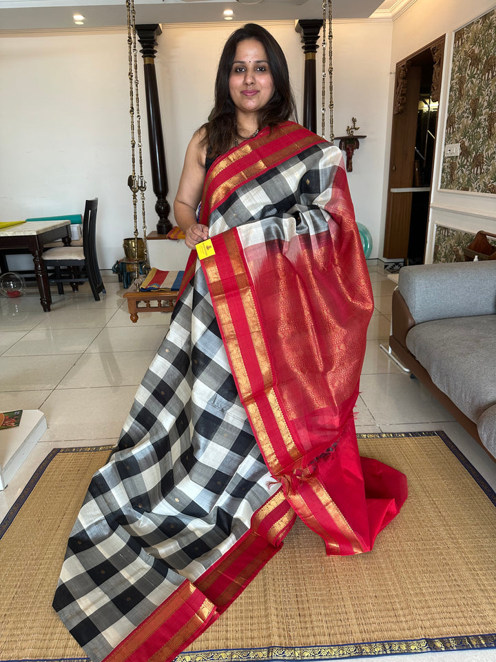 Black And White Big Checks with Butta, Rettapet Border and Rich Red Pallu Korvai Silk Cotton Saree