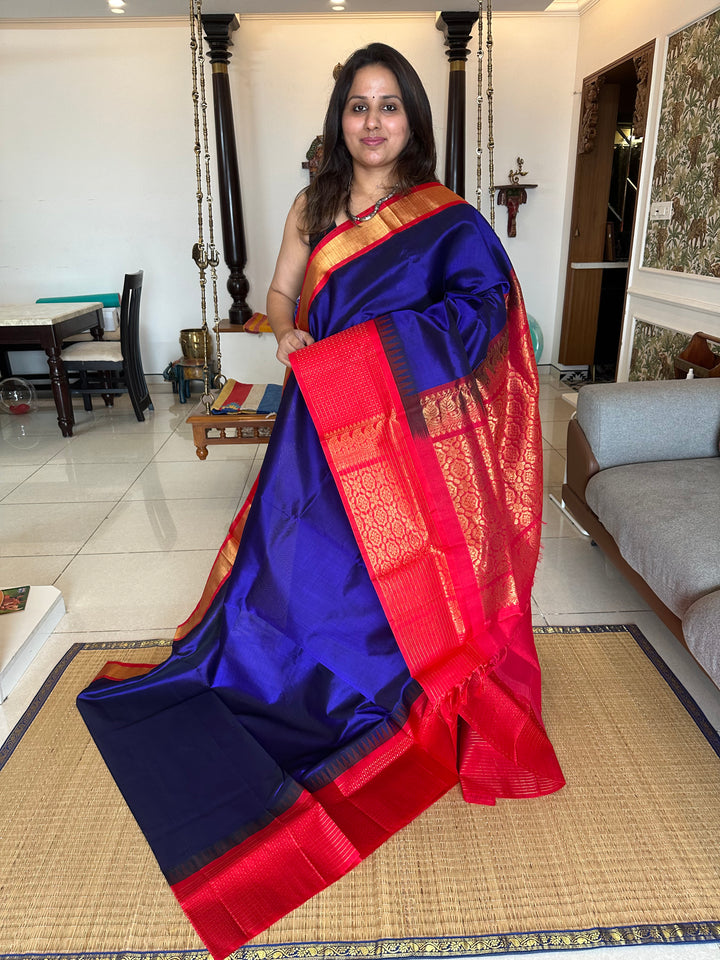 Dark Blue with Red One Side Big Border Lakshadeepam , Rich Pallu Korvai Silk Cotton Saree