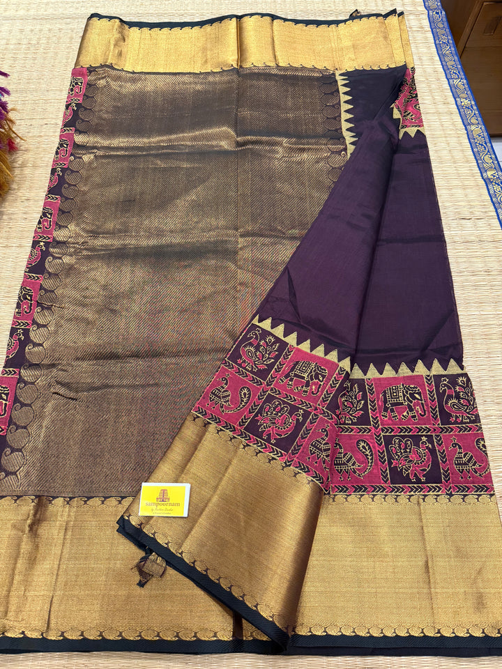 Brown with Tissue Border and Pallu with Annam and Elephant Handblock Print in the Borders Silk Cotton Saree