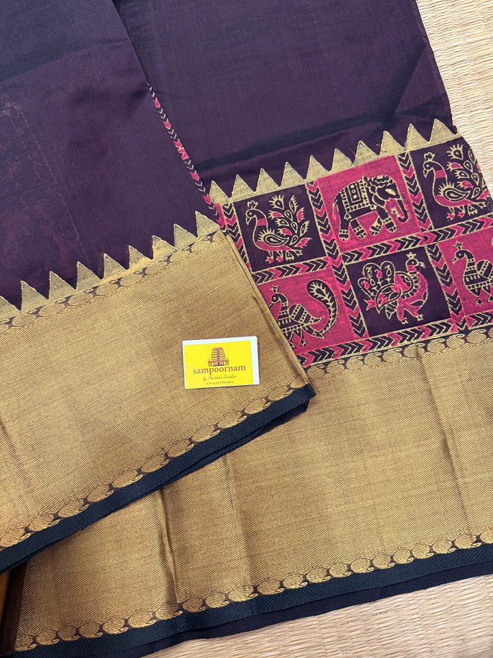 Brown with Tissue Border and Pallu with Annam and Elephant Handblock Print in the Borders Silk Cotton Saree
