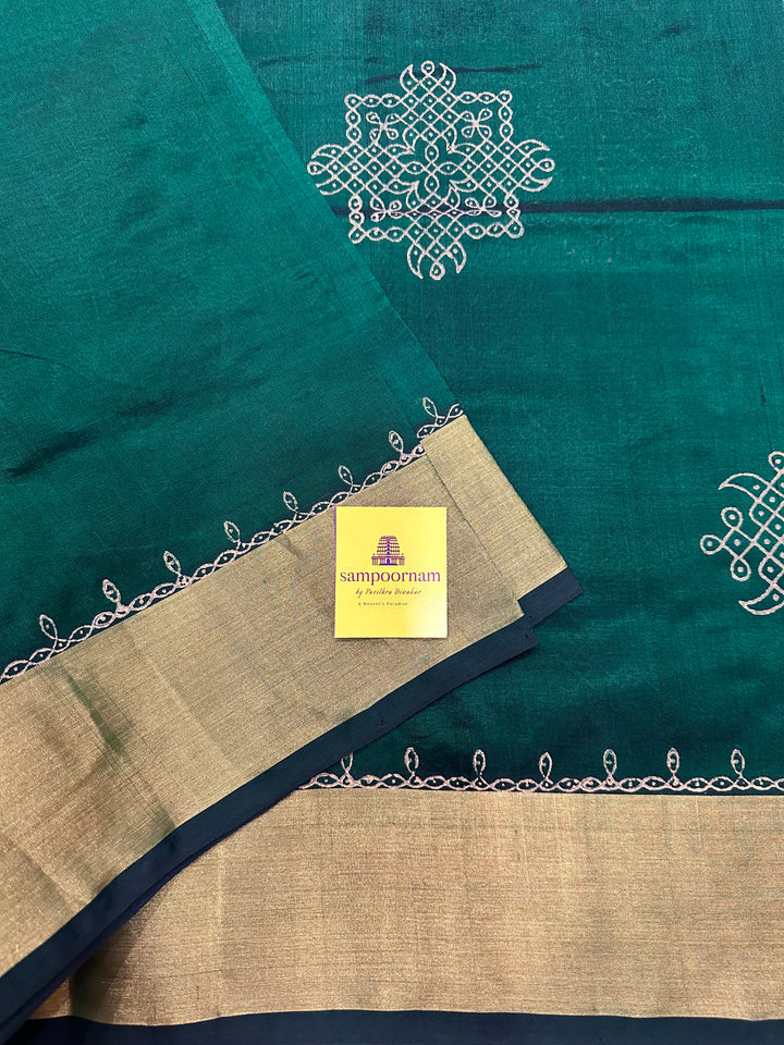 Dark green With Rich Gold Border and Pallu Handblock Kolam Printed Saree