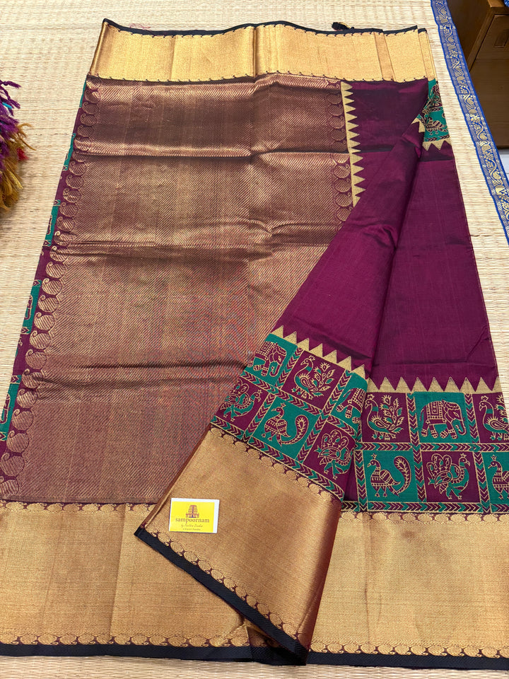 Dark Maroon with Rich Tissue Border and Pallu, Annam and Elephant Handblock Prints in the Border, Silk Cotton Saree