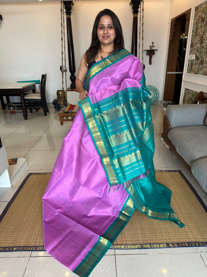 Lavender With Blue Rich Pallu Korvai Silk Cotton Saree