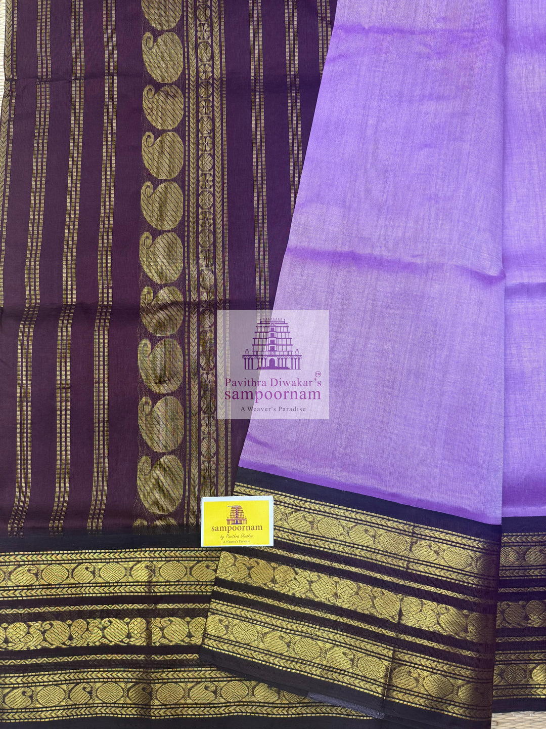 Lavender with Brown , Kanchi traditional borders and rich Pallu Korvai Silk Cotton Saree