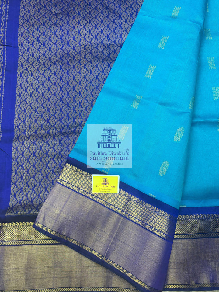 Light Blue with Dark Blue , Zari Podi Kattam in the body , one side big Satin Border with Annam motif , traditoinal border and Grand Pallu Korvai Silk Cotton Saree